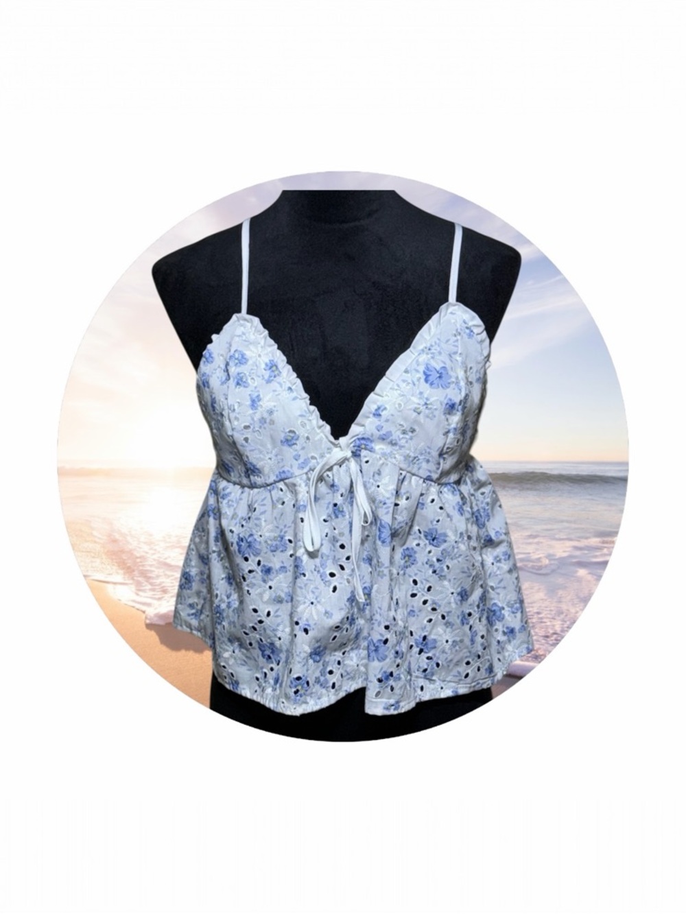 SHEIN Blue & White Floral Eyelet Tie-Front Cami
